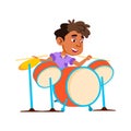 Boy Kid Playing Rock And Roll On Drum Kit Vector