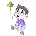 Boy kid is sitting admiring nature insects flying dragonflies, doodle icon image kawaii