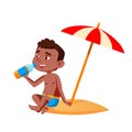 Boy Kid Sitting On Beach Under Umbrella Vector Royalty Free Stock Photo