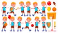 Boy Kindergarten Kid Poses Set Vector. Happy Children Character. Babysitting. For Advertisement, Greeting, Announcement