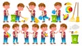 Boy Kindergarten Kid Poses Set Vector. Little Child. Helping On The Garden. Cleaning. Lifestyle. For Advertising