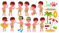 Boy Kindergarten Kid Poses Set Vector. Preschool, Childhood. Smile. Undressed. Summer Vacation. Water Park, Pool, Beach