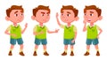 Boy Kindergarten Kid Poses Set Vector. Preschooler Playing. Friendship. For Web, Poster, Booklet Design. Isolated