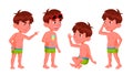 Boy Kindergarten Kid Poses Set Vector. Summer Vacation. Pool, Beach. Undressed. For Card, Advertisement, Greeting Design