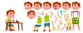 Boy Kindergarten Kid Vector. Animation Creation Set. Face Emotions, Gestures. Caucasian Child Expression. Activity. For