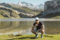 Boy in the lakes of covadonga, Asturias, Spain Royalty Free Stock Photo