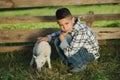 Boy with lamb on the farm Royalty Free Stock Photo