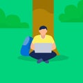 Boy laptop near tree concept banner, flat style Royalty Free Stock Photo