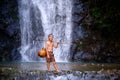 Boy laugh fishing at a waterfall countryside thailand.Fishing bo