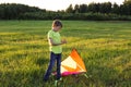 The boy launches a kite. Summer day. Sunny.The boy in a yellow t-shirt with a kite Royalty Free Stock Photo