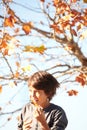 Boy, leaf or autumn sunset smile for garden nature relax, tree fun or blue sky walk. Male, kid or dry outdoor plant for