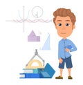 Boy learning math. Geometry studying concept, Cartoon kid student Royalty Free Stock Photo