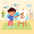 Boy learning to play painting dog with brush and paint in living room Royalty Free Stock Photo