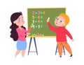 Boy learns count. Arithmetic lesson for toddlers, children play in school. Sister and brother doing homework together Royalty Free Stock Photo