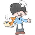 Boy learns to be a chef to cook delicious fish dishes, doodle icon image kawaii