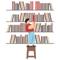 Boy in library takes book from shelf, cartoon character vector illustration