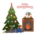 A boy lies in front of a fireplace by the fire against the background of a Christmas tree. Cute cartoon flat vector