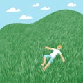 Boy lies in the grass on the hill, summer illustration Royalty Free Stock Photo