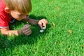 The boy lies on the green grass and looks at small porcini mushrooms Royalty Free Stock Photo