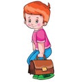 boy lifts heavy briefcases with books from the ground, cartoon illustration, isolated object on white color, vector illustration