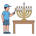 Boy Lighting Menorah Vector Illustration Royalty Free Stock Photo