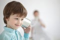 boy listen tin can telephone Royalty Free Stock Photo