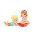 Boy with little girl reading magic book with fantasy stories. Brother and sister characters. Children imagination