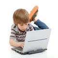 Boy little learning with notebook isolated on white