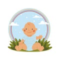 Is is a boy. Little smiling kid is sitting on the grass in the park, waving his hand. Flat cartoon isolated vector