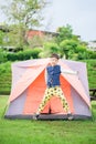 boy living inside the tent in the park Royalty Free Stock Photo