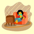 Boy living relaxed sitting on the sofa watching television, concept illustration image