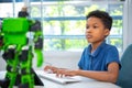 An african american boy in robotic class room Royalty Free Stock Photo