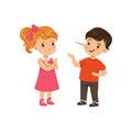 Boy with long nose lying to girl with crossed arms vector Illustration on a white background