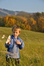 Boy looking at aeroplane model