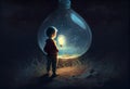 boy looking the big bulb half buried in the ground against night sky with stars. Generate Ai.