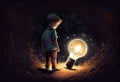 boy looking the big bulb half buried in the ground against night sky with stars. Generate Ai.