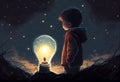 boy looking the big bulb half buried in the ground against night sky with stars. Generate Ai.