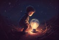 boy looking the big bulb half buried in the ground against night sky with stars. Generate Ai.