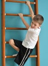 Boy looking down from the ladder