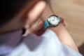 Boy looking at his wrist kid watch Royalty Free Stock Photo