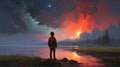 Boy looking the meteor in the colorful sky