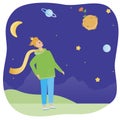 Boy looking at planet and rose as concept of love, relationship, romance, flat vector stock illustration with modern little prince