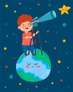A boy looking through telescope at night. Vector illustration Royalty Free Stock Photo