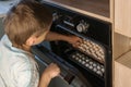 Boy looks into opened oven on white cooking meringue and picks up one with his hand.