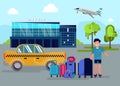 Boy with luggage stands next to taxi car near airport building vector illustration.