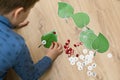 Boy lying on the floor and playing homemade counting game ` ladybird on the leaf `.