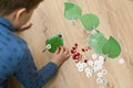 Boy lying on the floor and playing homemade counting game ` ladybird on the leaf `.