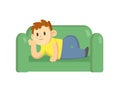 Boy lying on a green couch relaxing. Flat vector illustration, isolated on white background.