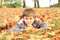 Boy lying in leaves