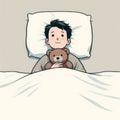 A boy lying with a teddy bear in bed. Royalty Free Stock Photo